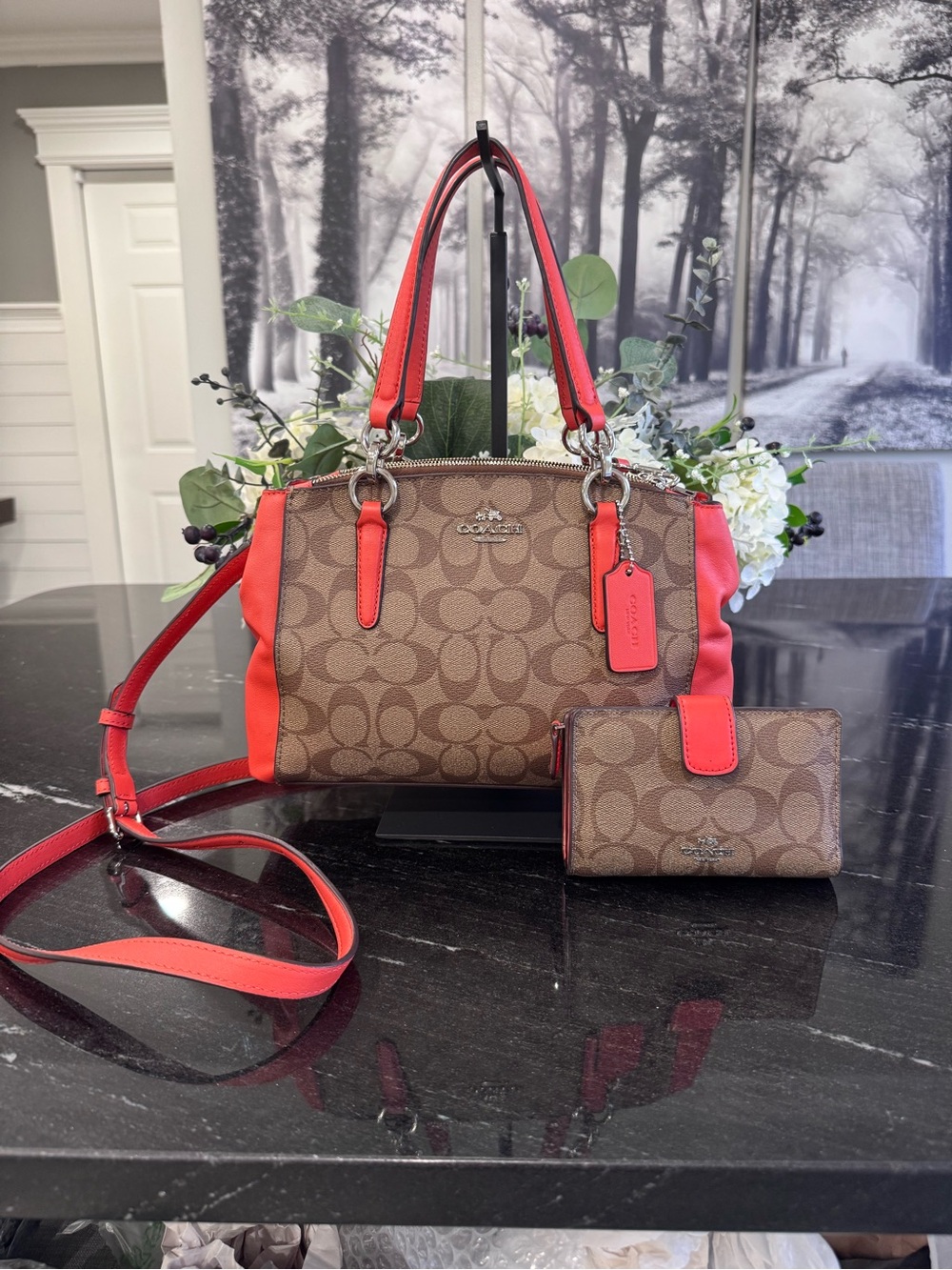 🤎COACH Mini Christie Carryall Signature Coated Canvas Khaki Coral Orange - Picture 5 of 16